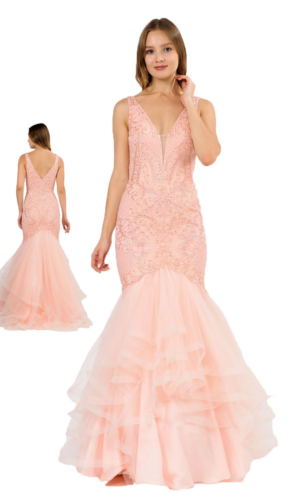 A woman wears the Embroidered V-Neck Mermaid Formal Prom Dress 8320, featuring a sleeveless light pink design, delicate embroidery, layered tulle skirt, and an open-back detail shown in the inset.